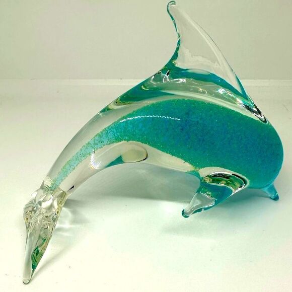 MURANO ART GLASS DOLPHIN PAPERWEIGHT  TURQUOISE BLUE WITH GOLD FLECKS 6” MINT - Picture 4 of 6